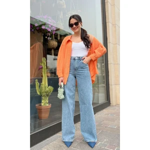 Lala Mavi Likralı Süper Yüksek Bel Salaş Jeans Palazzo Pantolon-Wide Leg
