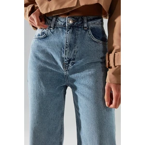 Lydia Solmayan Mavi Kar Yıkama Likralı  Salaş Jean - Süper Yüksek Bel Bol Paça Kot Pantolon