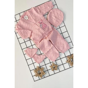 Kedicik Triko Şapkalı Patikli Bebek Dörtlü Takım 0-6 Ay