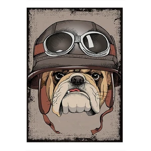 Kasklı Bulldog Köpek Desenli Ahşap Tablo