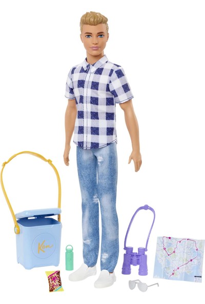 Barbie Ken İle Kamp Aksesuarları, Ekose Gömlek, Kot Pantolon Ve Beyaz Spor Ayakkabılar Giyer, 3 Yaş Ve Üzeri Hhr66