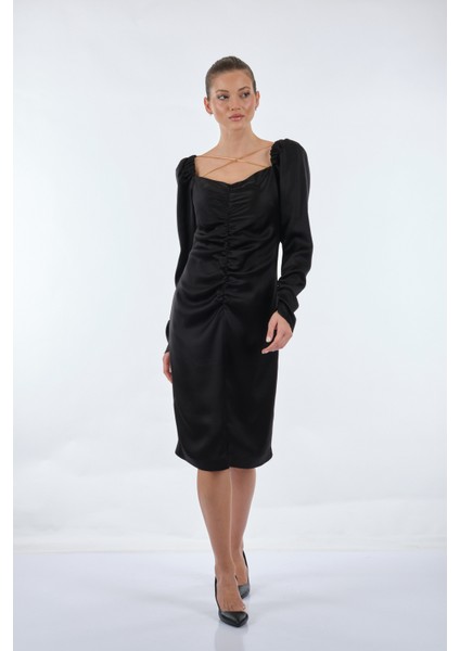 Minimalist Midi Saten Elbise - Uzun Kol - Günlük & Özel Gün fiyatları