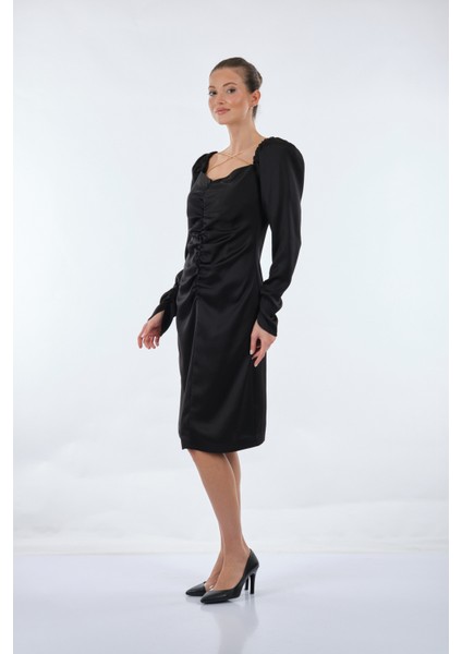 Minimalist Midi Saten Elbise - Uzun Kol - Günlük & Özel Gün fırsatları