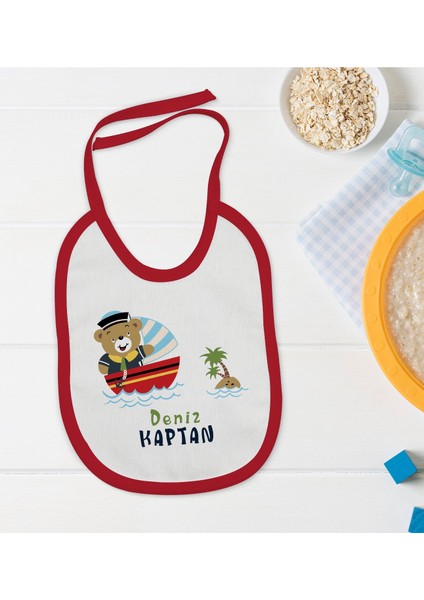Kids Kişiye Özel Sevimli Kaptan Tasarımlı Kırmızı Bebek Mama Önlüğü-2 modelleri