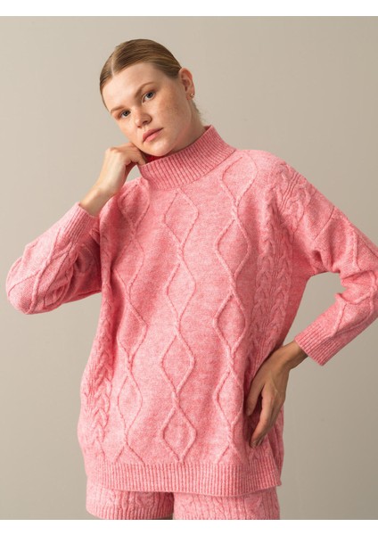 Kadın Pembe Dik Yaka Oversize Kazak modelleri