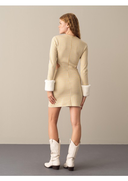 Kadın Sarı Slim Fit Ekose Mini Elbise fırsatları