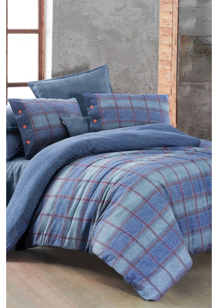 Arves Mavi Çift Kişilik %100 Pamuk Flanel (Pazen) Nevresim Takımı