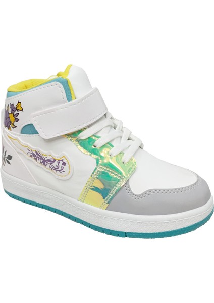 048 Deri Sneakers Kız Çocuk Spor Ayakkabı 31-35 Beyaz Buz Su Yeşili