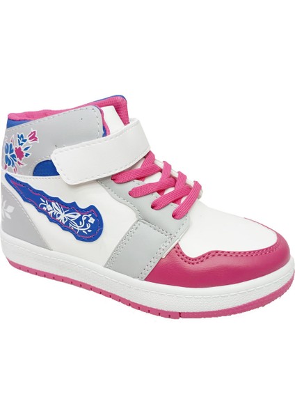 048 Deri Sneakers Kız Çocuk Spor Ayakkabı 31-35 Beyaz Fuşya Buz