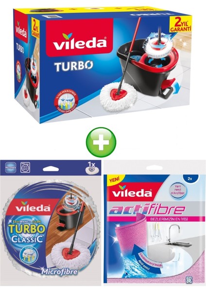 Turbo Pedallı Temizlik Seti (Komple Set)+Turbo Yedek Mop Paspas Ucu+Actifibre Mikrofiber Bez