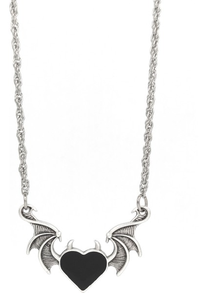 Antik Gümüş Kaplama Gotik Devil Black Heart Kolye