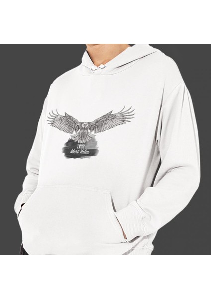 Kişiye Özel Kara Kartal Baskılı Cepli, Kapşonlu Beyaz Sweatshirt HK2166