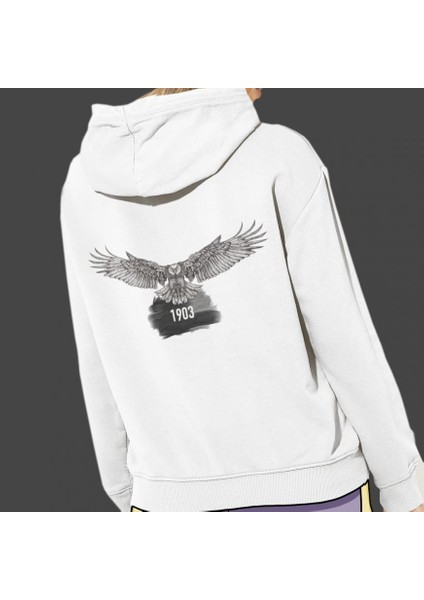 Kara Kartal Baskılı Cepli, Kapşonlu Beyaz Sweatshirt HK2165 fiyatları