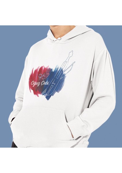 Kişiye Özel Bordo Mavi Baskılı Cepli, Kapşonlu Beyaz Sweatshirt HK2162