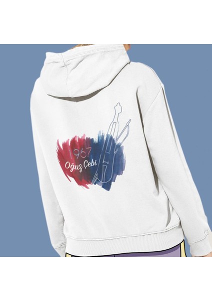 Kişiye Özel Bordo Mavi Baskılı Cepli, Kapşonlu Beyaz Sweatshirt HK2162