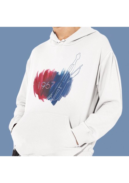 Bordo Mavi Fırtına Baskılı Cepli, Kapşonlu Beyaz Sweatshirt HK2161