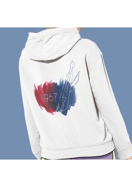 Bordo Mavi Fırtına Baskılı Cepli, Kapşonlu Beyaz Sweatshirt HK2161