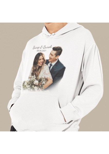 Kişiye Özel Fotoğraf Baskılı Cepli, Kapşonlu Beyaz Sweatshirt HK2156