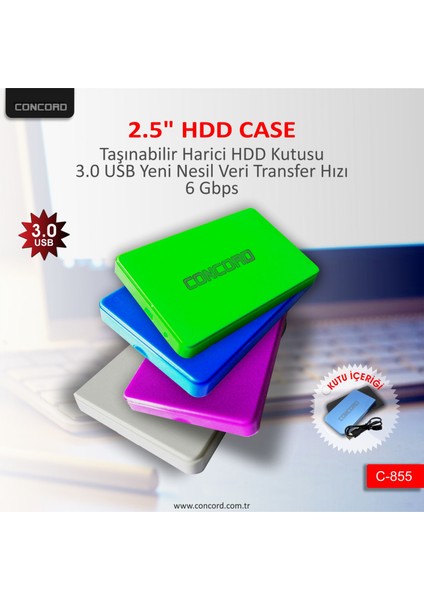 2.5” USB 3.0 / 6 Gbps Sata Harddisk HDD Kutusu Concord C-855 (Renkli)