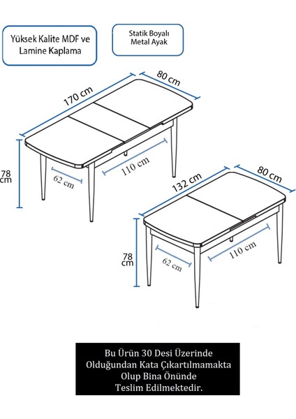 Concept Eta Serisi Mdf 80 x 132 cm Açılabilir Yemek Masası