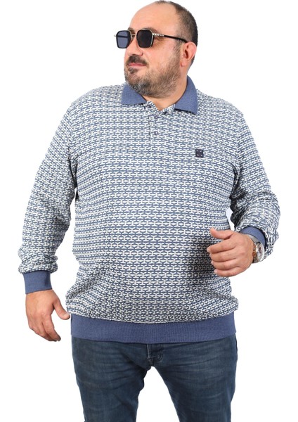 Büyük Beden Erkek Sweatshirt Polo Yaka 22714-INDIGO