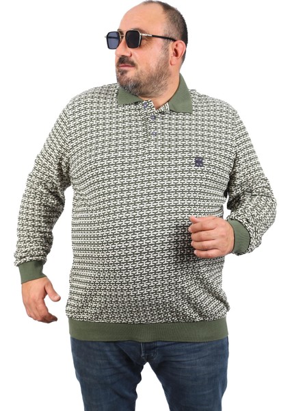 Büyük Beden Erkek Sweatshirt Polo Yaka 22714-HAKI