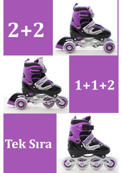 Mor Ayarlanabilir 2+2 Işıklı Metal Alıştırma Pateni Taşıma Çantalı