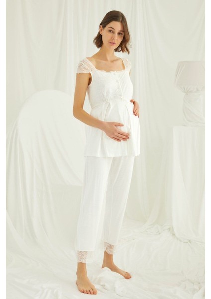 Ekru Dantelli Önü Düğmeli Hamile Lohusa Pijama Takımı fiyatları