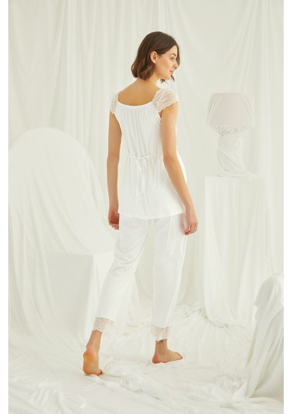 Ekru Dantelli Önü Düğmeli Hamile Lohusa Pijama Takımı modelleri