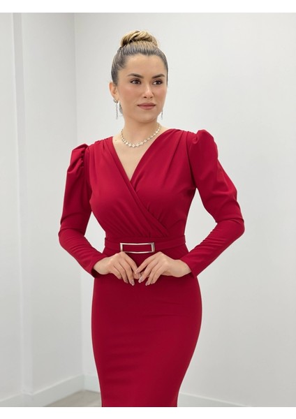 Krep Kumaş Kruvaze Yaka Balık Elbise - Kırmızı modelleri