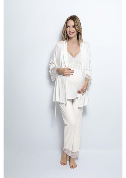 Ekru Sabahlıklı Hamile Lohusa Pijama Takımı