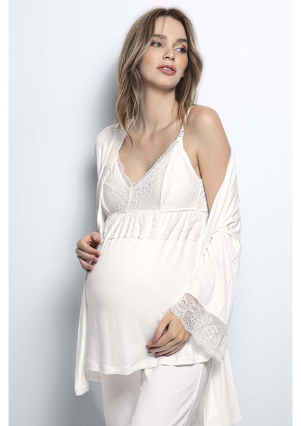 Ekru Sabahlıklı Hamile Lohusa Pijama Takımı fiyatları