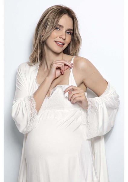 Ekru Sabahlıklı Hamile Lohusa Pijama Takımı modelleri