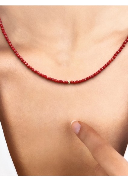 14 Ayar Kristal Kesim Mercan Taşlı Minimal Altın Kolye