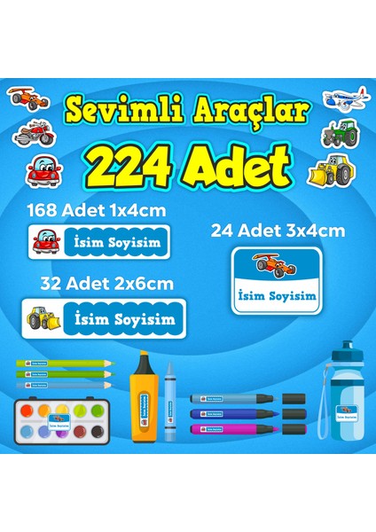 Sevimli Arabalar Temalı Okul Kreş Kişiye Özel Isim Etiket Seti - Model 17