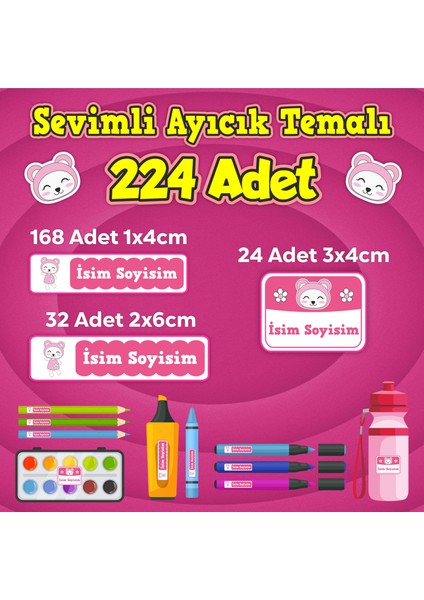 Okul Kreş İsim Etiketi Kalem Defter Özel İsim Yazılabilen Etiket Seti - 224 Adet