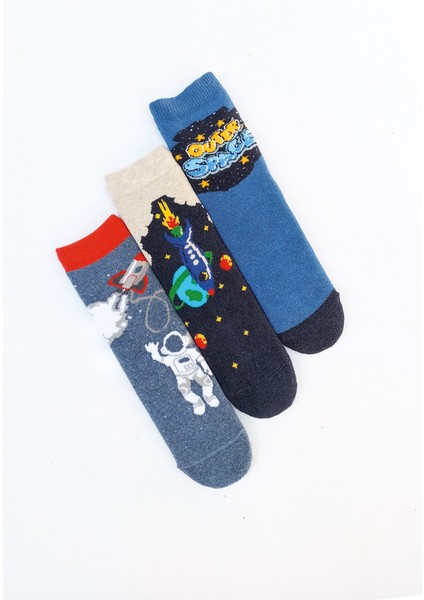 Mem Socks 3'lü Uzay-Astronot-Füze Desenli Kaydırmaz Havlu Çocukçorabı