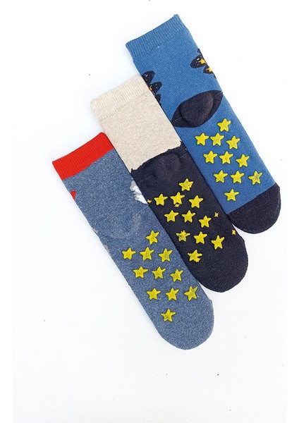 Mem Socks 3'lü Uzay-Astronot-Füze Desenli Kaydırmaz Havlu Çocukçorabı