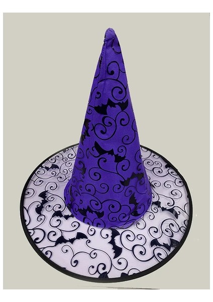 Siyah Yarasa Baskılı Mor Renk Cadı Şapkası 38X22 cm