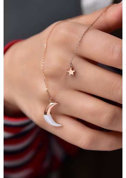 925 Ayar Gümüş Rose Kaplama Sedef Ayyıldız Kolye