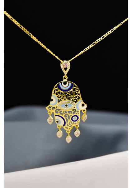 925 Ayar Gümüş Gold Kaplama Zirkon Pembe Taşlı Nazar Gözlü Mineli Fatma Eli Kolye