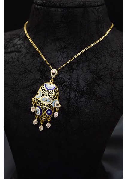 925 Ayar Gümüş Gold Kaplama Zirkon Pembe Taşlı Nazar Gözlü Mineli Fatma Eli Kolye fiyatları