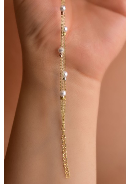 925 Ayar Gümüş Gold Kaplama Strest Atma Inci Toplu Sıralı Üç Renk Dorika Bileklik