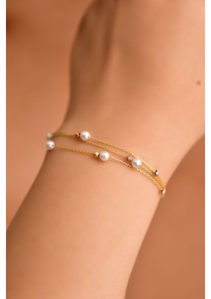 925 Ayar Gümüş Gold Kaplama Strest Atma Inci Toplu Sıralı Üç Renk Dorika Bileklik fiyatları