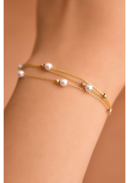 925 Ayar Gümüş Gold Kaplama Strest Atma Inci Toplu Sıralı Üç Renk Dorika Bileklik modelleri