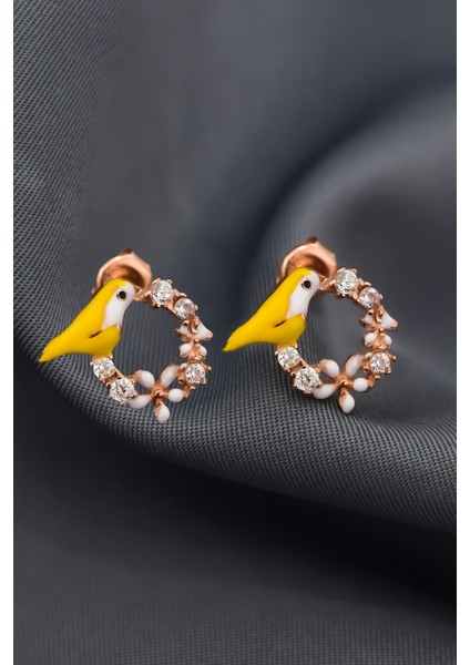 925 Ayar Gümüş Rose Kaplama Zirkon Taşlı Mineli Kuş Küpe