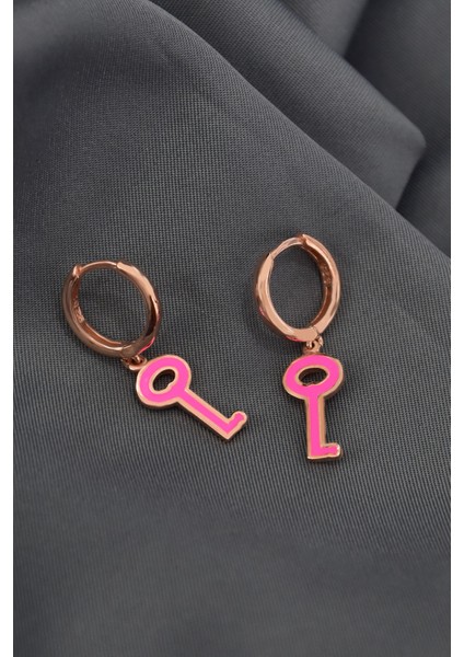 925 Ayar Gümüş Rose Kaplama Pembe Mineli Anahtar Halka Küpe