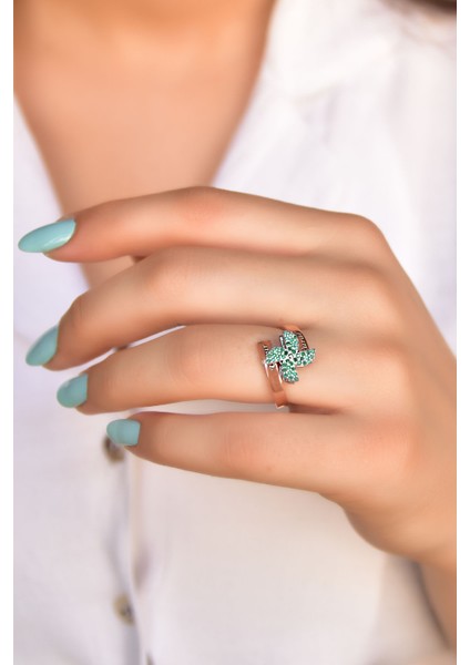 925 Ayar Gümüş Rose Rodyum Kaplama İsimli Yeşil Zirkon Taşlı Dönen Pervane Yüzük