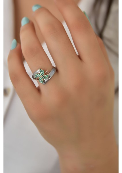 925 Ayar Gümüş Rose Rodyum Kaplama İsimli Yeşil Zirkon Taşlı Dönen Pervane Yüzük