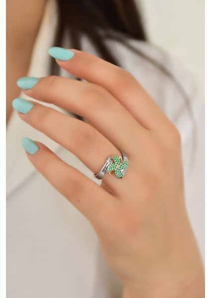 925 Ayar Gümüş Rose Rodyum Kaplama İsimli Yeşil Zirkon Taşlı Dönen Pervane Yüzük fiyatları